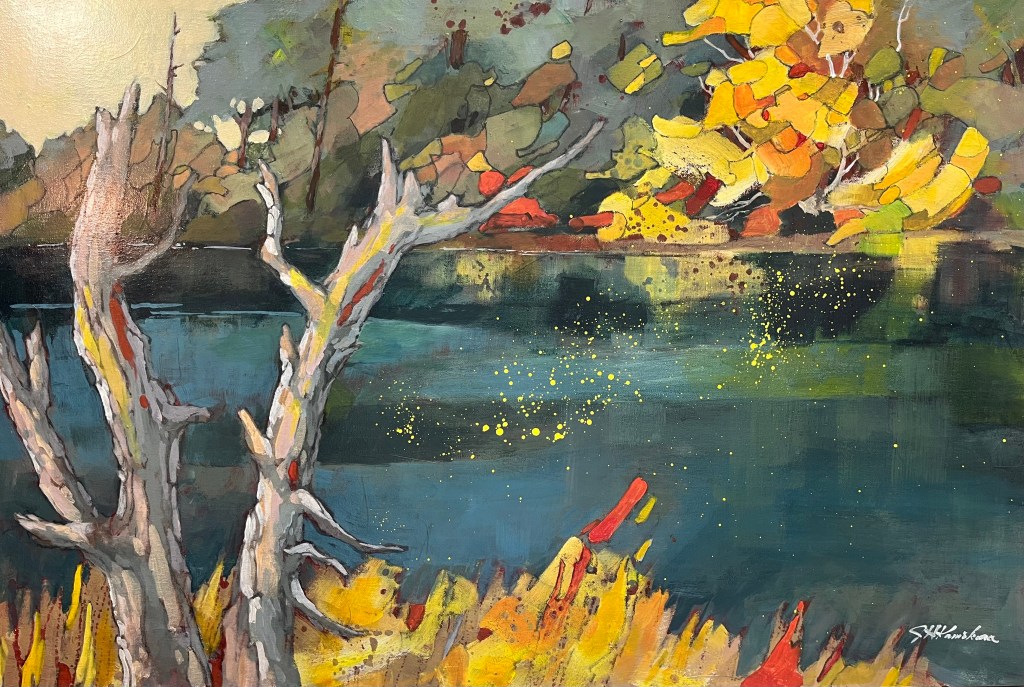 calm water, autumn shrub and passed trees