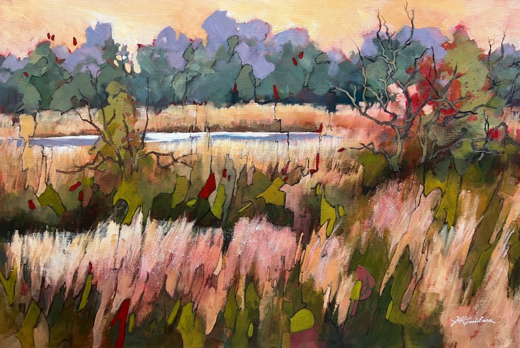 painting of grass, water and forest