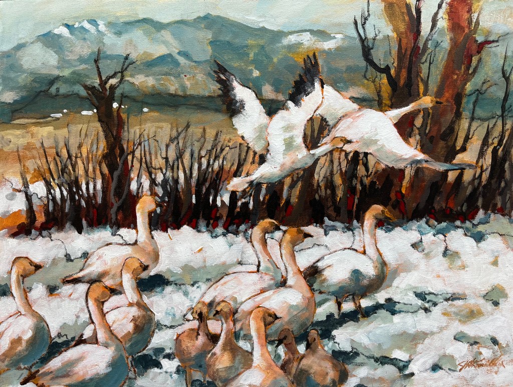 acrylic painting of snow geese ready to migrate.